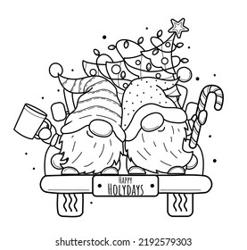 Cute cartoon Christmas gnomes on truck for coloring book.Line art design for kids coloring page. Coloring page outline.