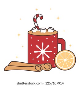 cute cartoon christmas hot cocoa mug vector illustration with cinnamon, orange slice  and marshmallows