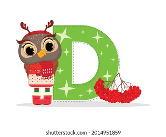 Cute Cartoon christmas little owl with letter D with christmas holly berry. Perfect for greeting cards, party invitations, posters, stickers, pin, scrapbooking, icons.