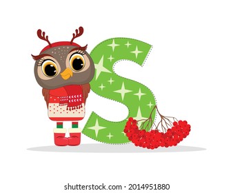 Cute Cartoon christmas little owl with letter S with christmas holly berry. Perfect for greeting cards, party invitations, posters, stickers, pin, scrapbooking, icons.
