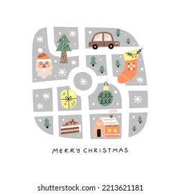 Cute cartoon Christmas map with text merry christmas. Ready postcard template. Scandinavian winter illustration.