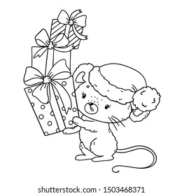 Cute cartoon christmas mouse. Coloring book page for children