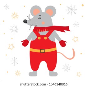 Cute cartoon Christmas mouse. Vector christmas mouse for card, prints, banners