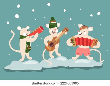 Cute cartoon Christmas and New Year illustration .Funny little mice with musical instruments. Vector design for postcard cover invitation card and banner