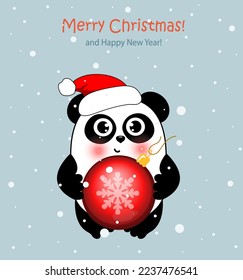 Cute cartoon Christmas panda in Santa hat  holds Christmas toy, and wish you a Merry Christmas. Funny character for your cards, poster design.