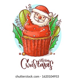 Cute cartoon Christmas pattern with cupcake and hand lettering. Kawaii cupcake with red cream, leaves, branches, bead. For clothes prints, posters, package, stickers, greeting cards, menu, invitations