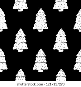 Cute cartoon christmas pattern with hand drawn christmas trees. Sweet vector black and white christmas pattern. Seamless monochrome doodle christmas pattern for textile, wallpapers and wrapping.