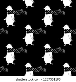 Cute cartoon christmas pattern with hand drawn bear in scarf. Sweet vector black and white christmas pattern. Seamless monochrome doodle christmas pattern for textile, wallpapers, wrapping and cards.