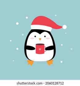 Cute cartoon Christmas penguin with a cup