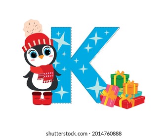 Cute Cartoon christmas penguin with letter K. Perfect for greeting cards, party invitations, posters, stickers, pin, scrapbooking, icons.