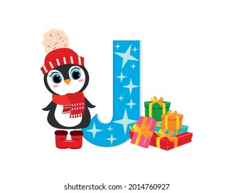 Cute Cartoon christmas penguin with letter J. Perfect for greeting cards, party invitations, posters, stickers, pin, scrapbooking, icons.
