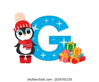 Cute Cartoon christmas penguin with letter G. Perfect for greeting cards, party invitations, posters, stickers, pin, scrapbooking, icons.
