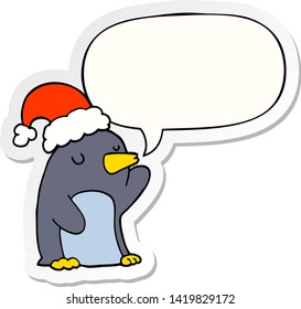 lindo caricatura navideña pingüino con pegatina de burbuja de habla
