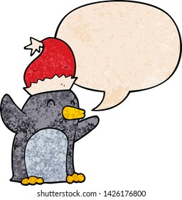 cute cartoon christmas penguin with speech bubble in retro texture style