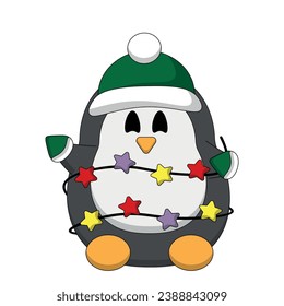 Cute cartoon Christmas Penguin with stars garland in color