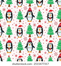 Cute Cartoon Christmas Penguins with Christmas tree seamless pattern holding ornaments, gifts, snowflakes and Christmas lights. For Christmas Wrapping paper, fabric and Greeting cards. 