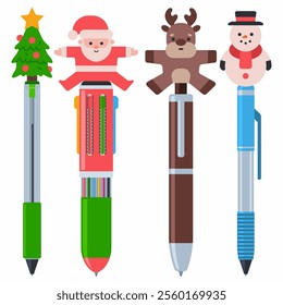 Vetor de canetas de Natal de desenhos animados bonito conjunto isolado em um fundo branco.