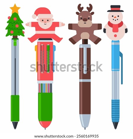 Cute cartoon Christmas pens vector set isolated on a white background.