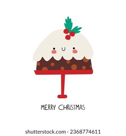 Cute cartoon Christmas pie, cake, cookie. Happy Holidays Vector print. Christmas flat illustrationsHappy new year, christmas festive holiday card with cutu pie. Christmas festive illustration for kids