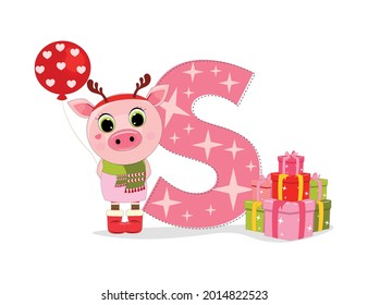 Cute Cartoon christmas piggy with letter S with gift boxes. Perfect for greeting cards, party invitations, posters, stickers, pin, scrapbooking, icons.