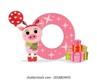 Cute Cartoon christmas piggy with letter O with gift boxes. Perfect for greeting cards, party invitations, posters, stickers, pin, scrapbooking, icons.