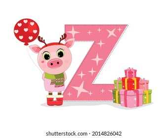Cute Cartoon christmas piggy with letter Z with gift boxes. Perfect for greeting cards, party invitations, posters, stickers, pin, scrapbooking, icons.