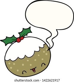 cute cartoon christmas pudding with speech bubble
