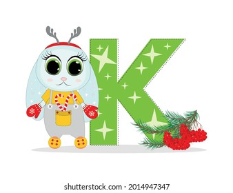 Cute Cartoon christmas rabbit with letter K with  pine twigs. Perfect for greeting cards, party invitations, posters, stickers, pin, scrapbooking, icons.