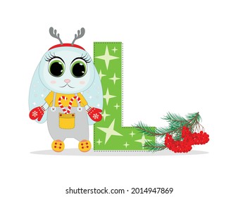 Cute Cartoon christmas rabbit with letter L with  pine twigs. Perfect for greeting cards, party invitations, posters, stickers, pin, scrapbooking, icons.