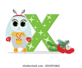 Cute Cartoon christmas rabbit with letter X with  pine twigs. Perfect for greeting cards, party invitations, posters, stickers, pin, scrapbooking, icons.