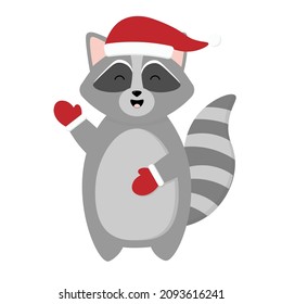 Cute cartoon Christmas raccoon waving