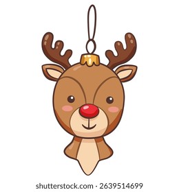 Cute cartoon Christmas reindeer head ornament. Adorable holiday decoration with a red nose and antlers, perfect for festive designs, greeting cards, or winter celebrations. 