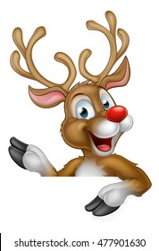 Cute Cartoon Christmas Reindeer Pointing At A Sign