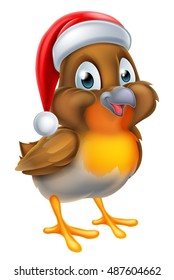 A cute cartoon Christmas robin bird in red Santa hat