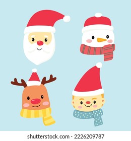 Cute cartoon christmas, santa claus, reindeer, snowman and kid with santa hat.