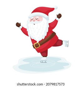 Cute cartoon Christmas Santa in a red suit is skating on the ice rink. A smiling character in a flat style. Isolated on a white background