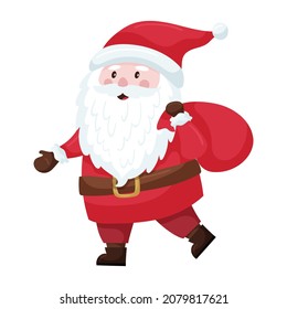 Cute cartoon Christmas Santa in a red suit and hat carries a bag of gifts on his shoulder. Santa Claus is smiling. Adorable character in a flat style. Isolated on a white background
