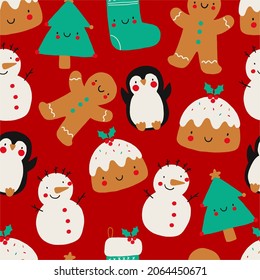 Cute cartoon Christmas seamless pattern in flat style. Winter Vector print with Christmas tree, socks, Christmas cake, snowman, penguin, gingerbread man