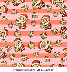 Cute cartoon christmas seamless pattern featuring santa and holiday treats whimsical design for festive celebrations