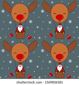 cute cartoon christmas seamless vector pattern background illustration with Santa Claus flying in a reindeer hot air balloon 