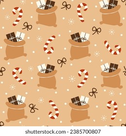 süße Cartoon-Weihnachten, nahtlose Vektorgrafik mit Santa-Claus-Geschenktasche, Bonbons und Schneeflocken