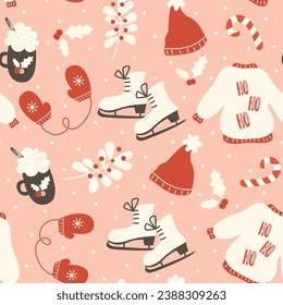 cute cartoon christmas seamless vector pattern background illustration with ice skating boots, gloves, winter sweather, candy cand, mistletoe, snowflakes and other holidays elements