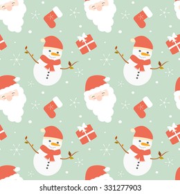 cute cartoon christmas seamless vector pattern background illustration with santa claus and snowman