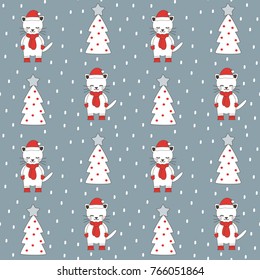 cute cartoon christmas seamless vector pattern background illustration with greeting cats and trees