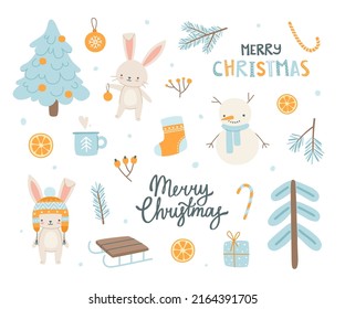 Cute cartoon christmas set with bunnies. Cozy winter sticker collection with rabbits. New year kawaii hares bundle.
