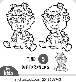 Cute cartoon Christmas sheep. Black and white find differences educational game for kids