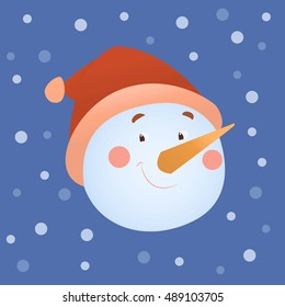 Cute cartoon Christmas snowman with carrot, in hat. Vector illustration of head of snow man. Santa Claus helper. Holiday Xmas concept. Icon of face of cheerful snowman isolated.