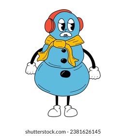 Cute Cartoon Christmas snowman character. Happy and cheerful emotions. Old animation 60s 70s, funny cartoon characters. Trendy illustration in retro style.