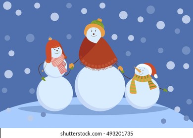 Cute cartoon Christmas snowman with family. Vector illustration of snow man. Santa Claus helper. Holiday Xmas concept. Good for winter greeting card, design, wrap, decoration.