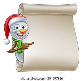 A cute cartoon Christmas snowman in Santa hat peeking around scroll sign and pointing